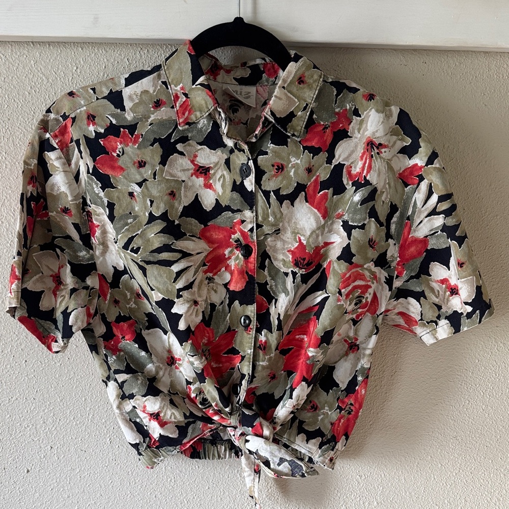 Vintage Floral Tie-Front Blouse - Black, Red & Cream